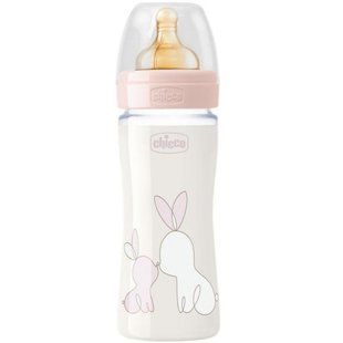 Пляшечка скляна Chicco Original Touch з латексной соской повільний потік 0м+ 240 мл  , Рожевий, 240 мл, Латекс, Скло, від 0 місяців, Пляшечка, Латекс , скло