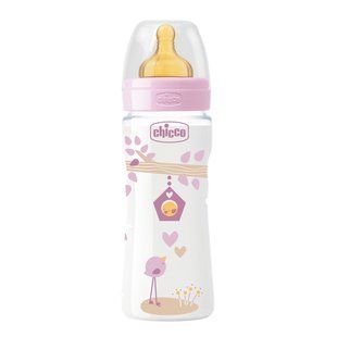 Пляшечка пластикова Chicco  WELL-BEING, 350 мл, соска латекс, 4 м+, Рожевий, 350 мл, Латекс, Пластик, від 4-х місяців, Пляшечка