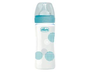 Пляшечка скляна Chicco  WELL-BEING , 240 мл, соска cилікон , 0 м+ , повільний потік, Блакитний, 240 мл, Силікон, Скло, від 0 місяців, Пляшечка, Анатомічна, Силікон , скло