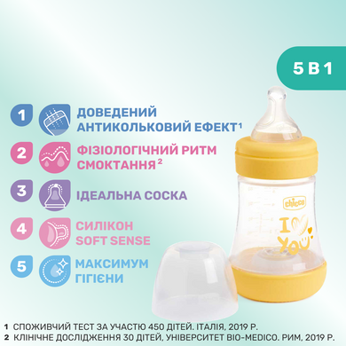 Пляшечка пластик Chicco PERFECT 5 Love, 150 мл, соска силікон, 0 м+